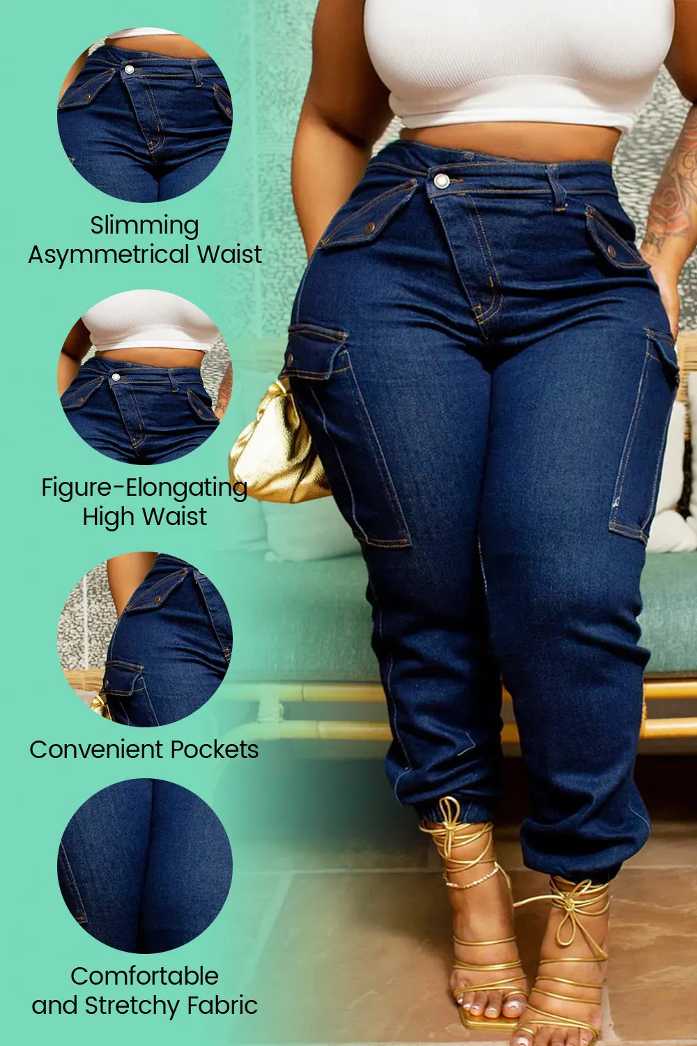 Xpluswear Plus Size Blue Daily Denim Asymmetric Waist With Pocket Cargo Jeans