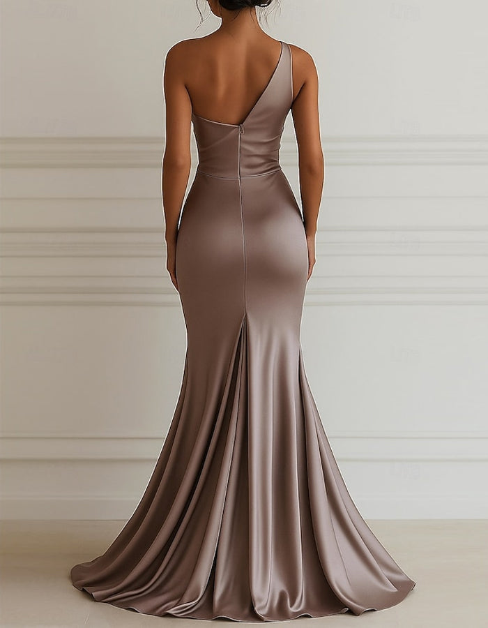 One-shoulder Stretch Satin Pleats Maxi Dress
