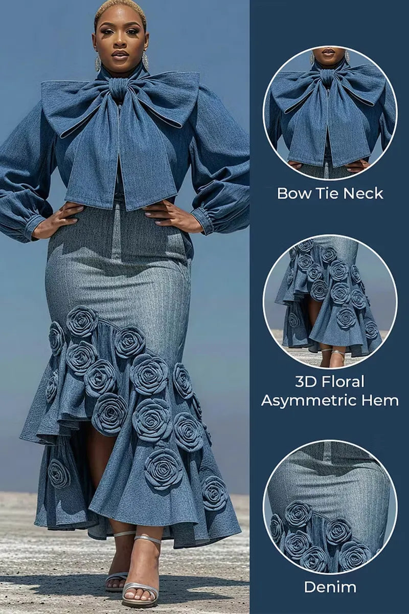Women's Casual High Neck Oversized Bow Puff Long Sleeve Cropped Denim Blouse Or High Waist 3D Rose Floral Applique Side Slit Ruffle Mermaid Denim Skirt