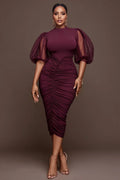 Cocktail Party Burgundy Round Neck Puff Sleeve Short Sleeve Fold Bodycon Tulle Midi Dresses