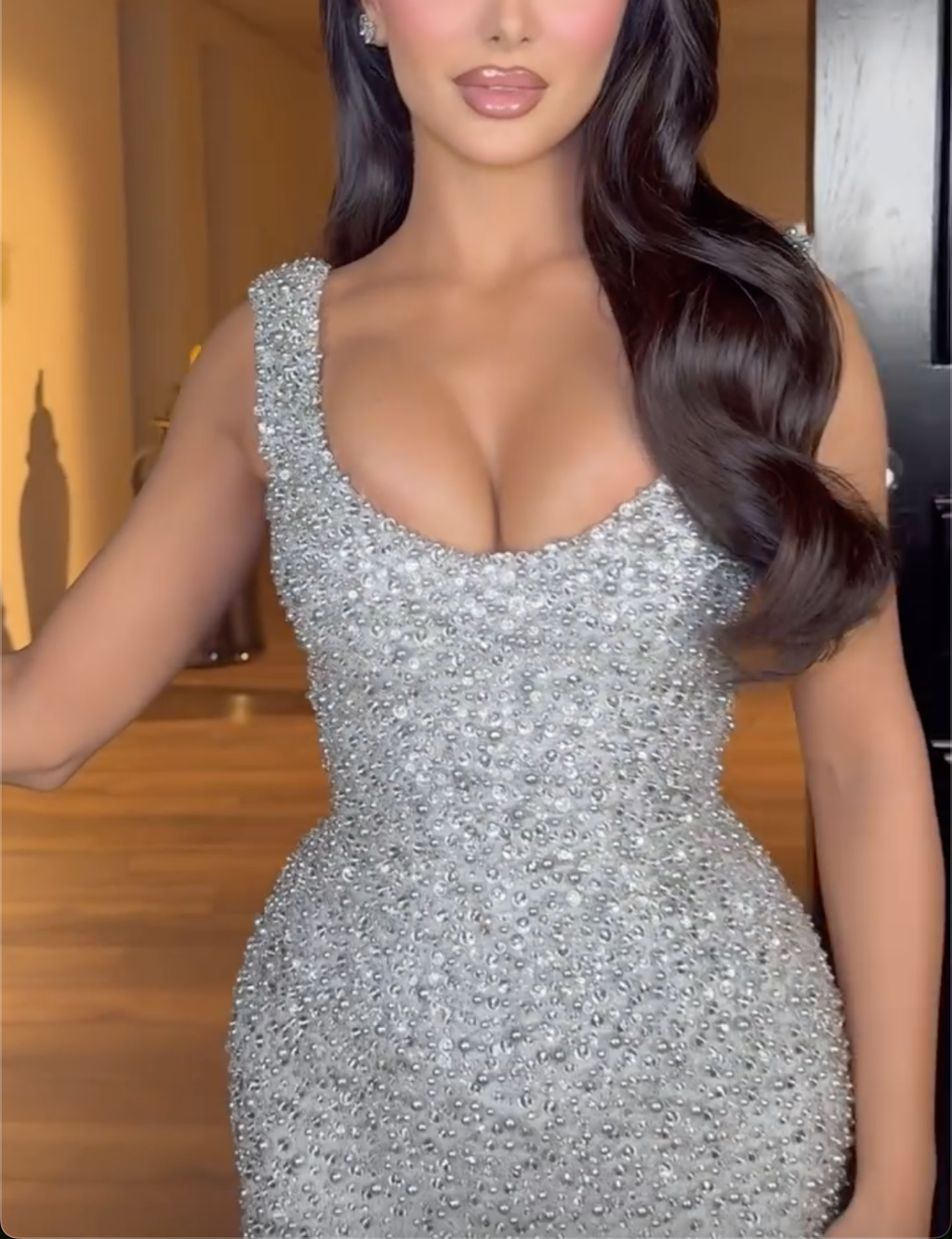 Silver Beaded Sleeveless Maxi Dress with Deep V Neck