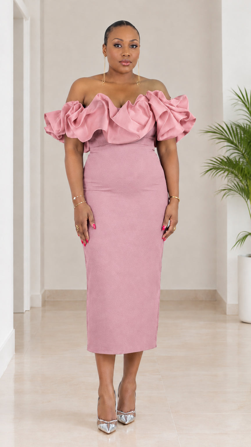 Off-The-Shoulder Ruffle Midi Dress with Satin Accent