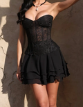 Black Lace Corset & Chiffon Ruffle Mini Dress