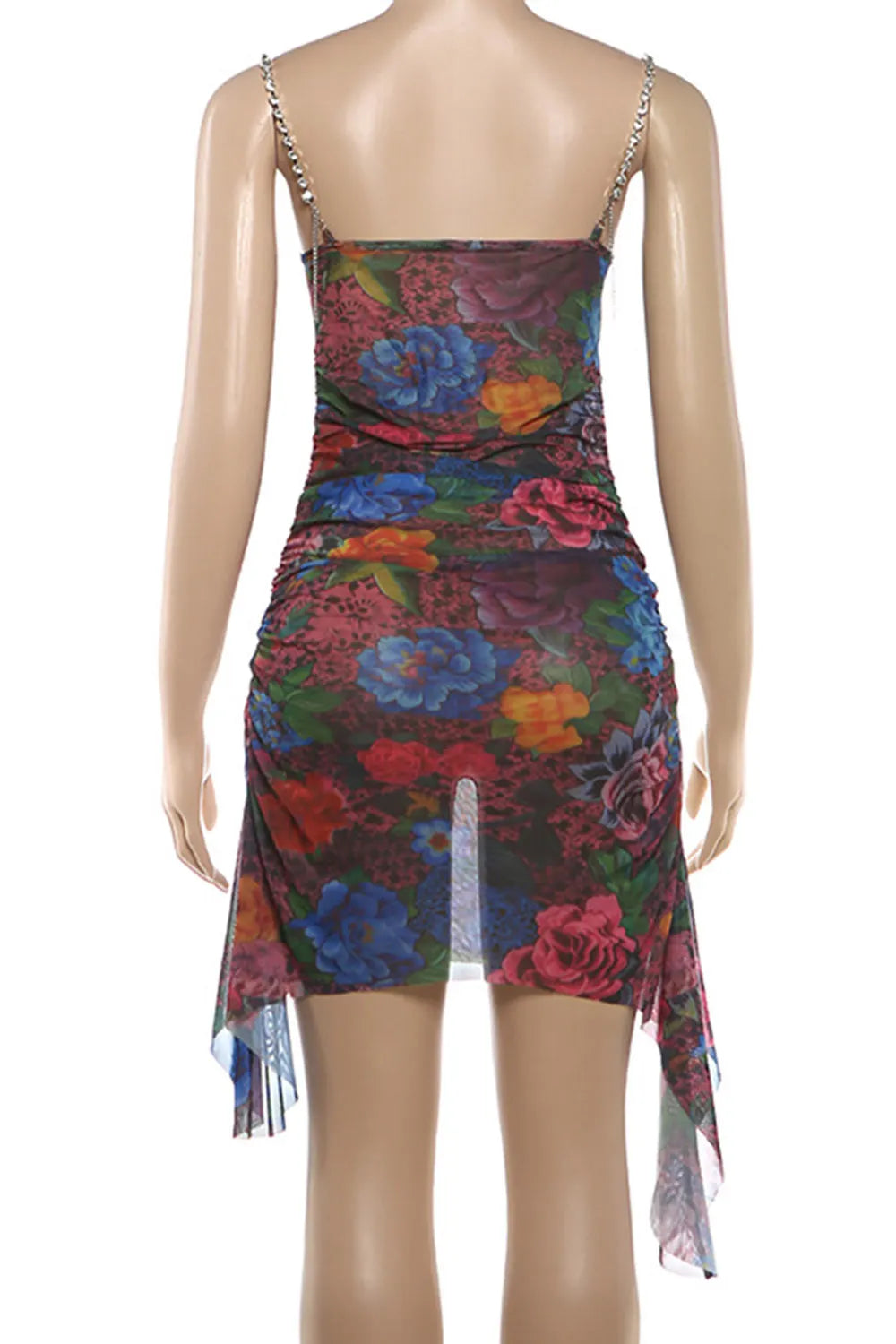 Chain Cami Neck Floral Ruched Sash Slim Fit Party Mini Dresses-Multicolor