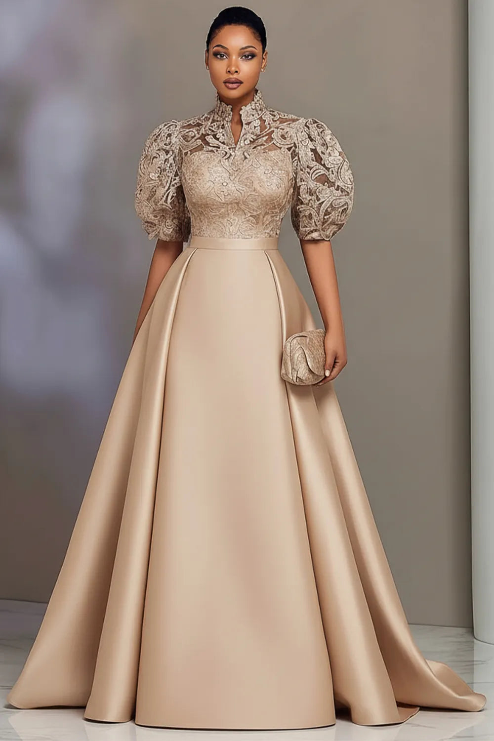 Satin Champagne Stand-Up Collar Puff Sleeve Short Sleeve Pleated Contrast Lace Maxi Dresses