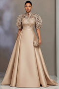 Satin Champagne Stand-Up Collar Puff Sleeve Short Sleeve Pleated Contrast Lace Maxi Dresses