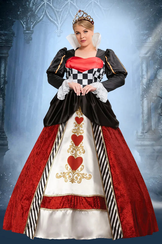 Queen Of Hearts Halloween Costumes Checkered Print Lace Puff Sleeves Maxi Dress(Ships 24h)