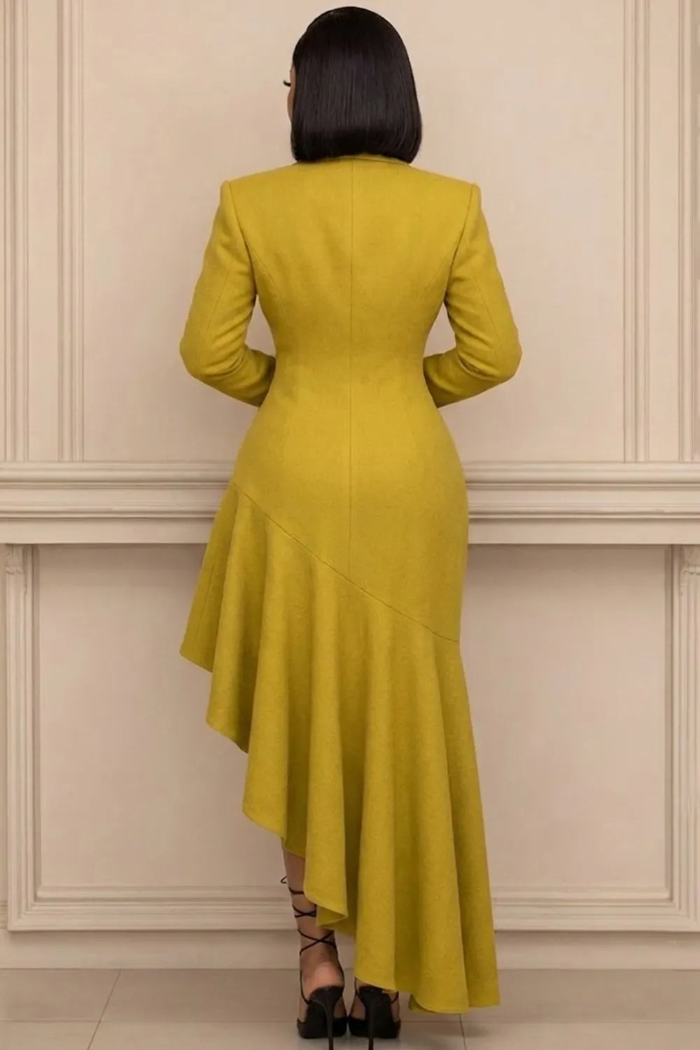 Notched Lapel Shoulder Pad Double-Breasted Midi Dresses-Yellow [Pre Order]
