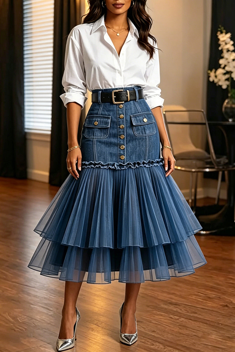 Women's Elegant Double Layer Mesh Hem Fishtail Denim Skirt