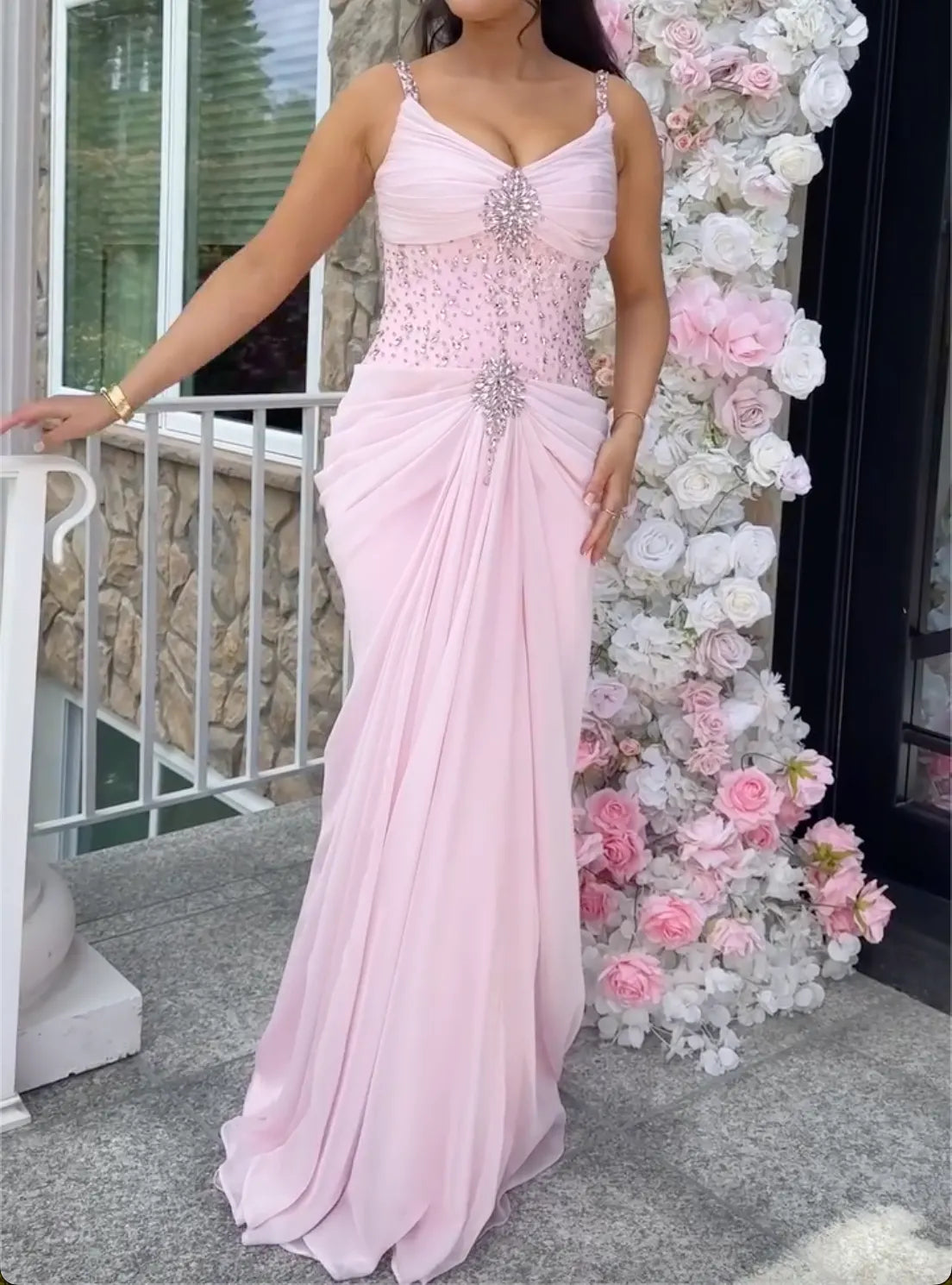 Sparkly Floral Sequin & Blush Pink Chiffon Evening Gowns with Train, Spaghetti Straps, Formal Party Dresses for Women