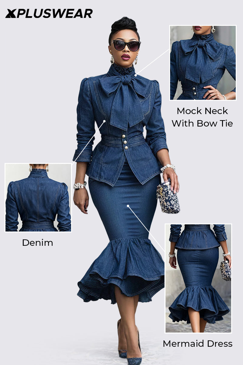 Xpluswear Design Plus Size Business Casual Blue Long Sleeve Bow Tie Elegant Ruffle Tencel Denim Two Piece Skirt Sets