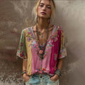 Women's Floral Embroidery Art Bohemian Colorblock Linen Blend V-neck T-shirt