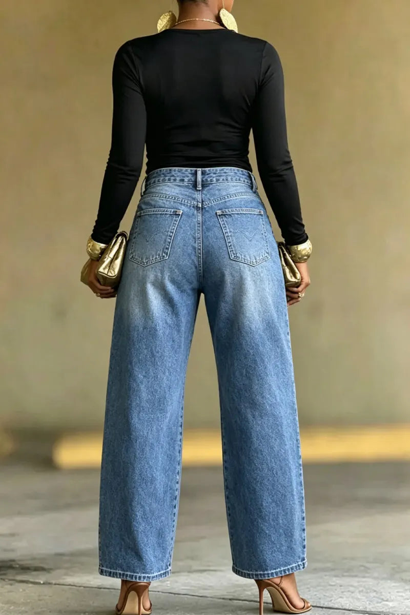 Women High Waist Two Side Multi Metal Button Stitch Detail Loose Wide Leg Washed Blue Denim Jeans