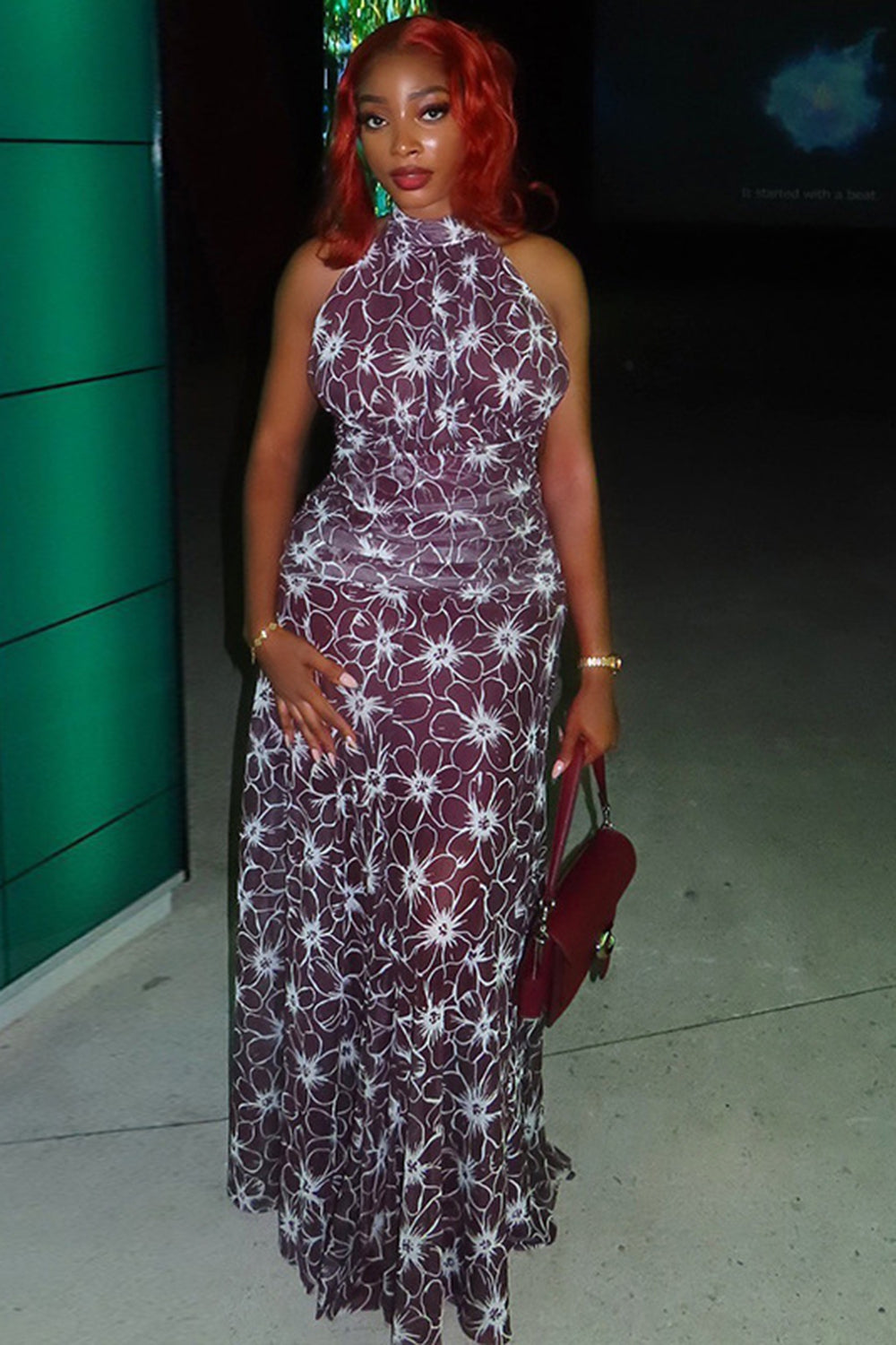 Halter Backless Abstract Floral Print A-Line Casual Maxi Dresses-Multicolor