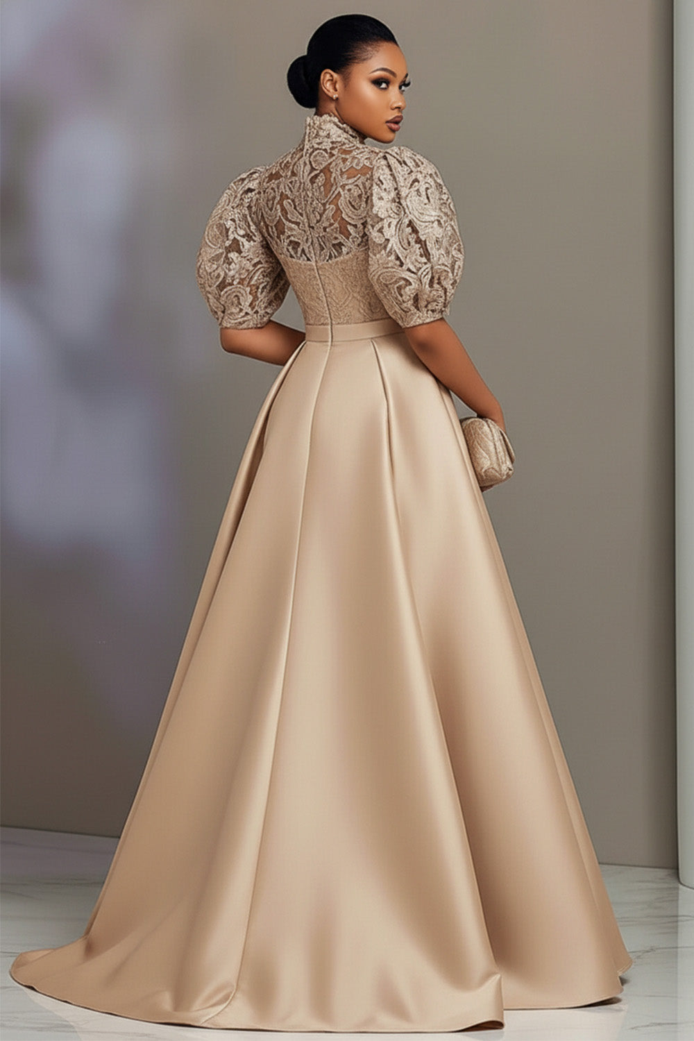 Satin Champagne Stand-Up Collar Puff Sleeve Short Sleeve Pleated Contrast Lace Maxi Dresses