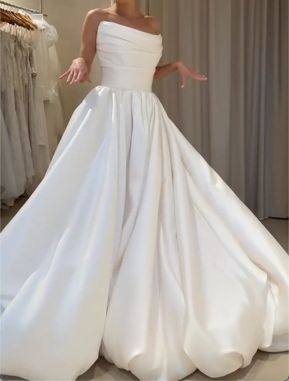 Strapless Draped Satin Ballgown Wedding Dress Minimalist Plain Satin Bridal Gown With Train