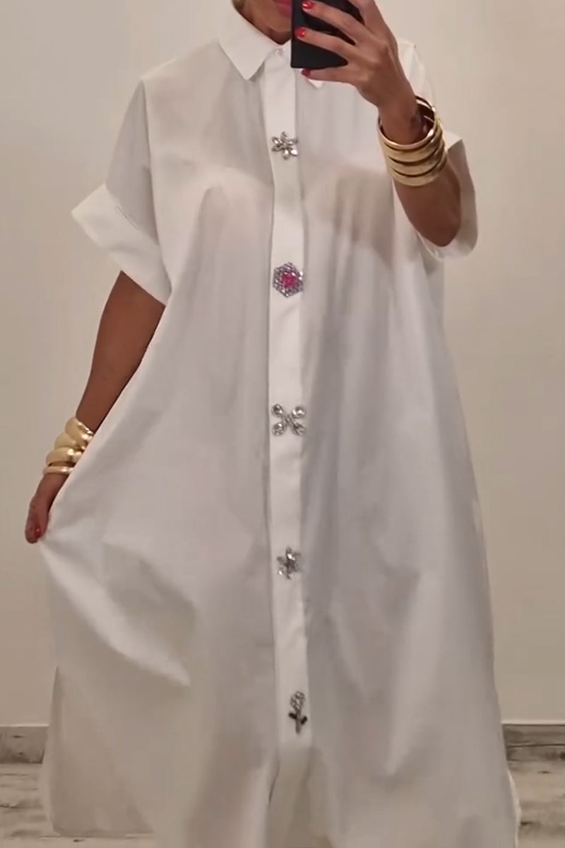 Women's Casual Rhinestone Button Decorative Loose Shirt Dress