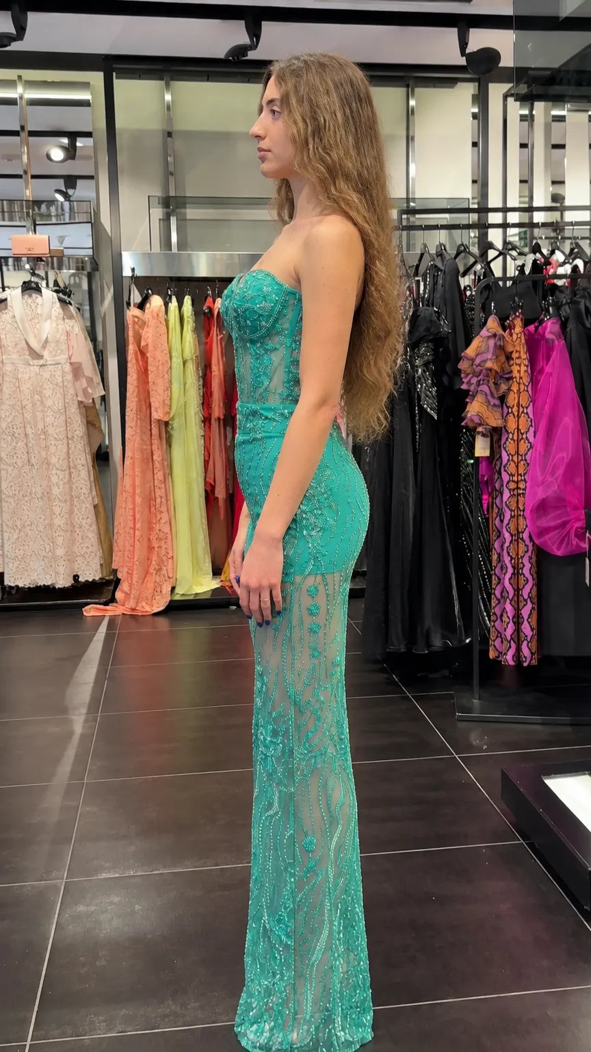 Strapless Sweetheart Sequin Mesh Evening Jumpsuit with Molded Corset Bodice