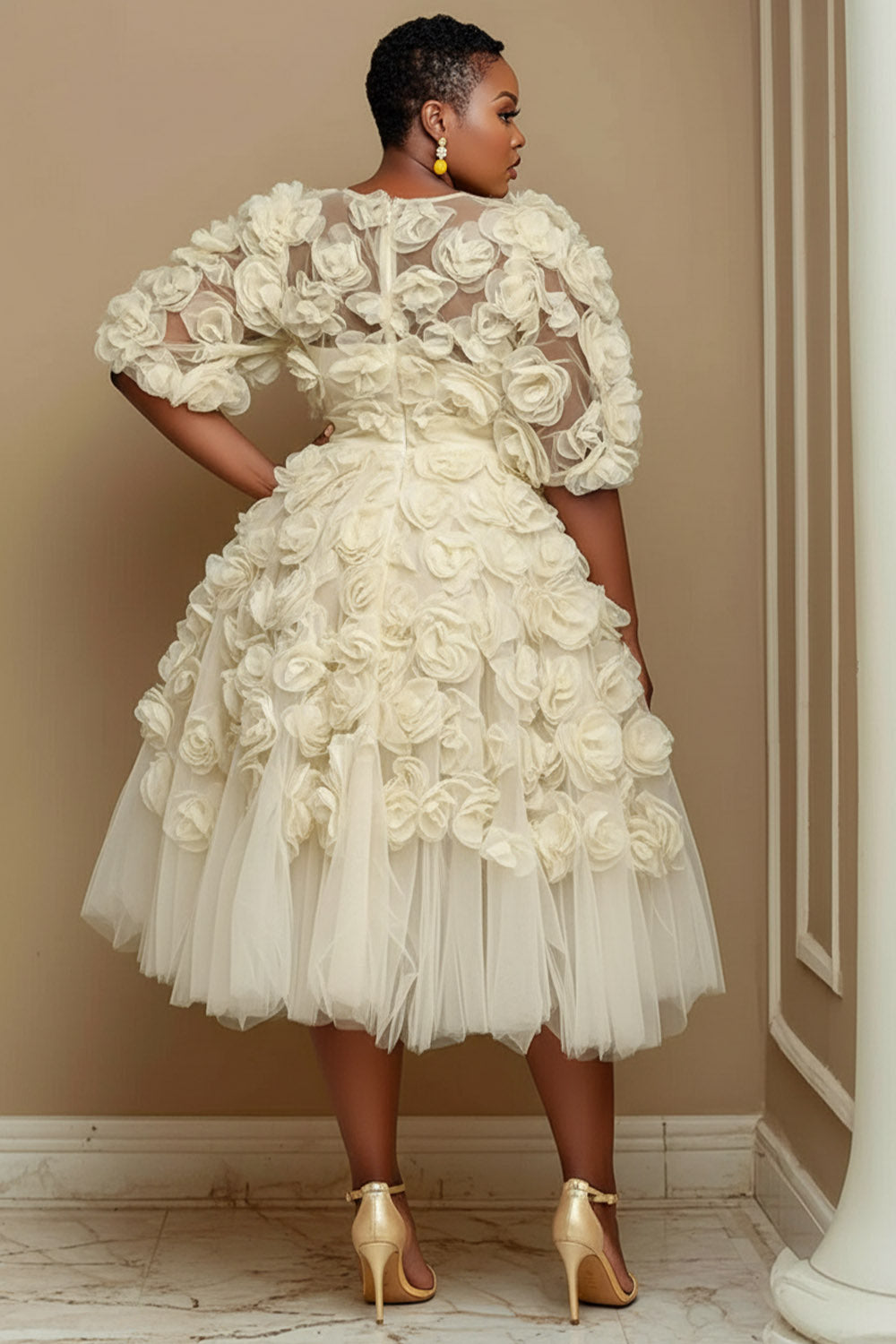 Wedding Guest Yellow Round Neck Short Sleeve 3D See Through Tulle Midi Dresses