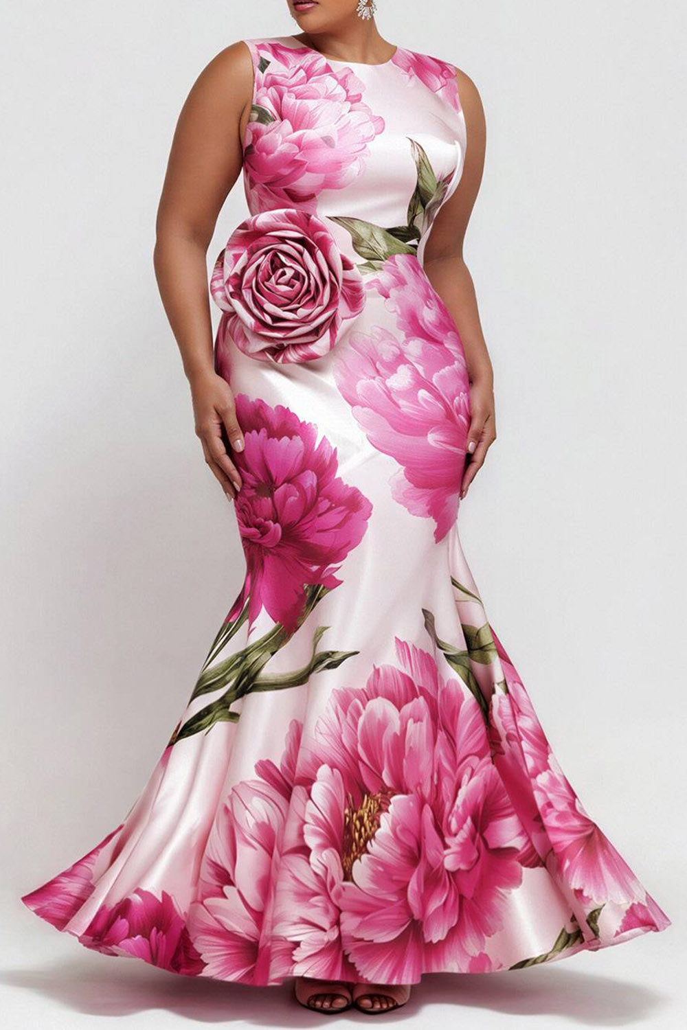 Elegant Pink Floral Round Neck Mermaid 3D Satin Maxi Dresses