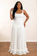 Wide Straps Square Neck Pleated Ruffle Hem Vacation Maxi Dresses-White