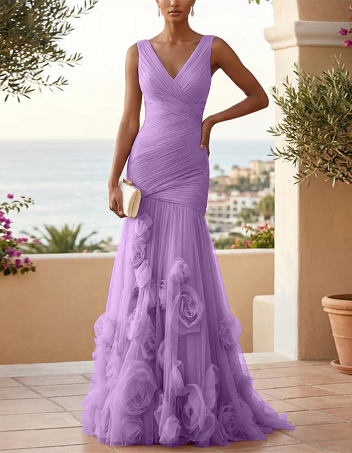 Solid Color V-neck 3D Rose Mesh Maxi Dress