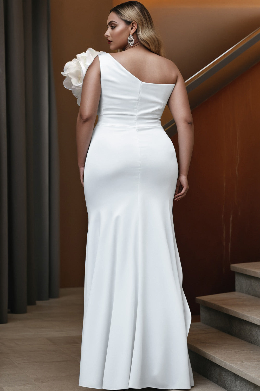 Wedding White Elegant One Shoulder Strappy 3D Maxi Dresses