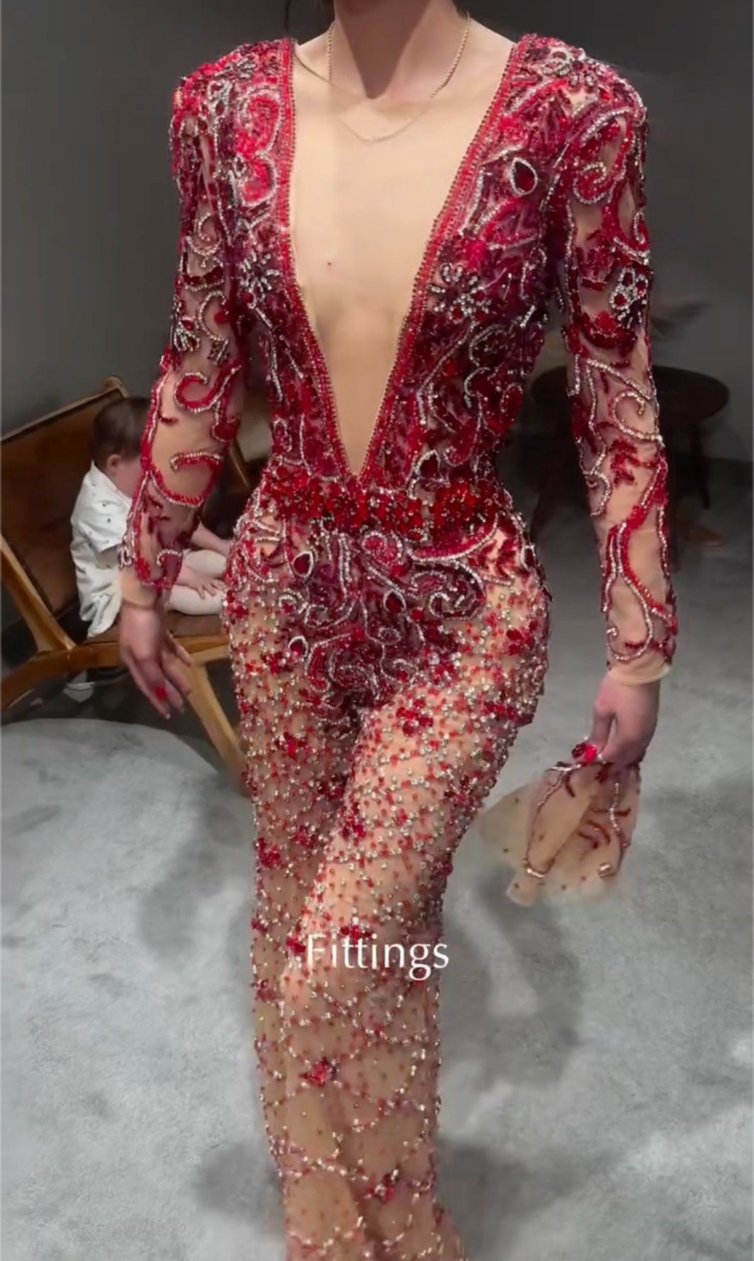 Burgundy Beaded Sheer Jumpsuit with Deep Plunge & Crystal Embellishments