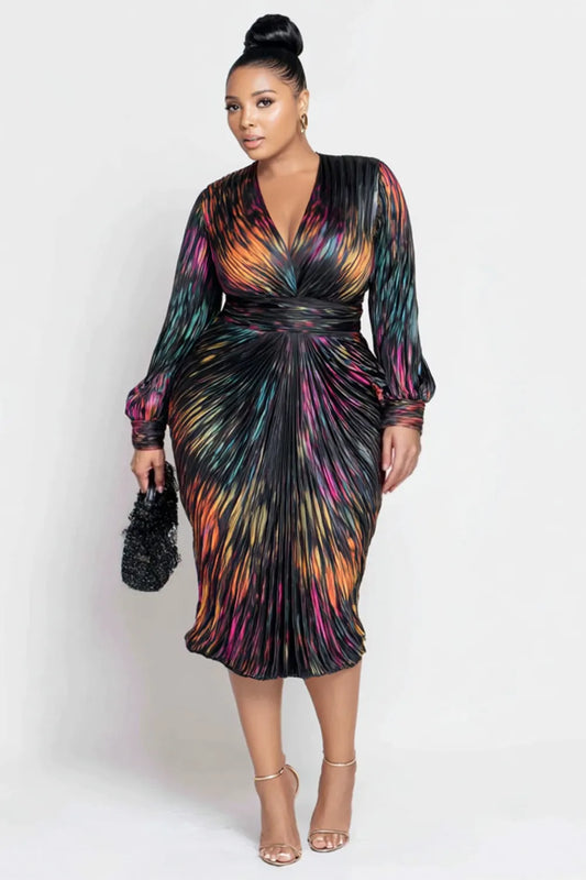 Business Casual Multicolor All Over Print V Neck Long Sleeve Bodycon Elegant Satin Midi Dresses