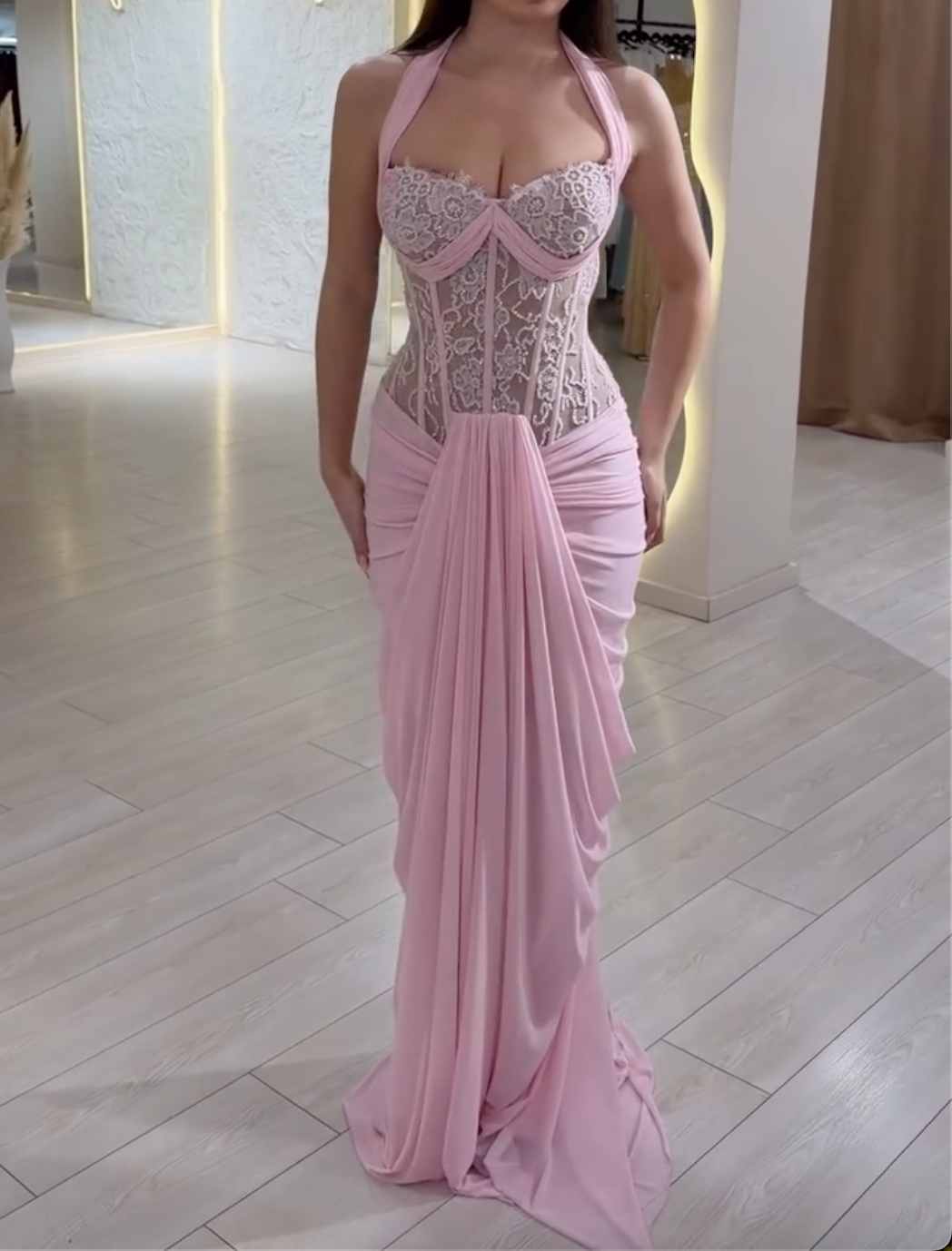 Pink Halter Lace Mermaid Maxi Evening Gown - Corset Bodice Ruched Formal Dress
