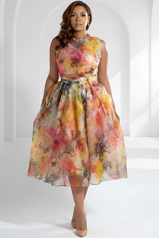 Wedding Guest Multicolor Floral Round Neck Pocket Organza Midi Dresses