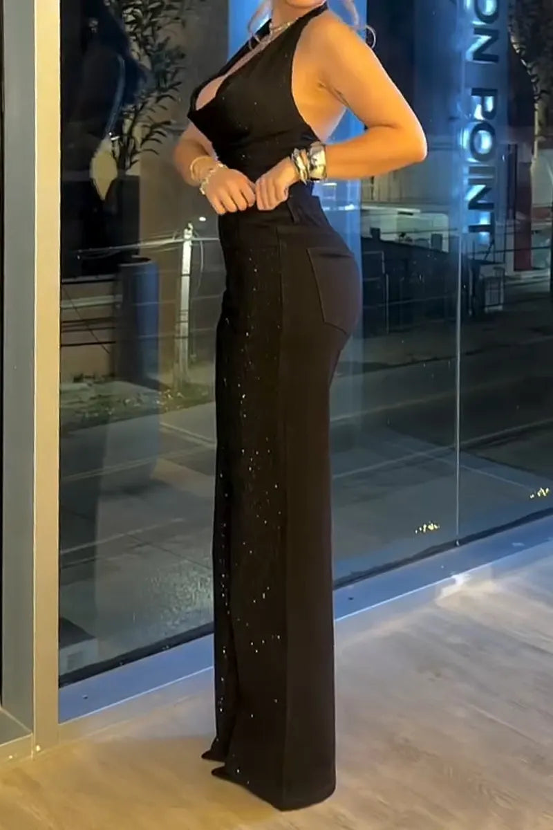 Women's Fashion Party Rhinestone Vest & Rhinestone Wide Leg Jeans