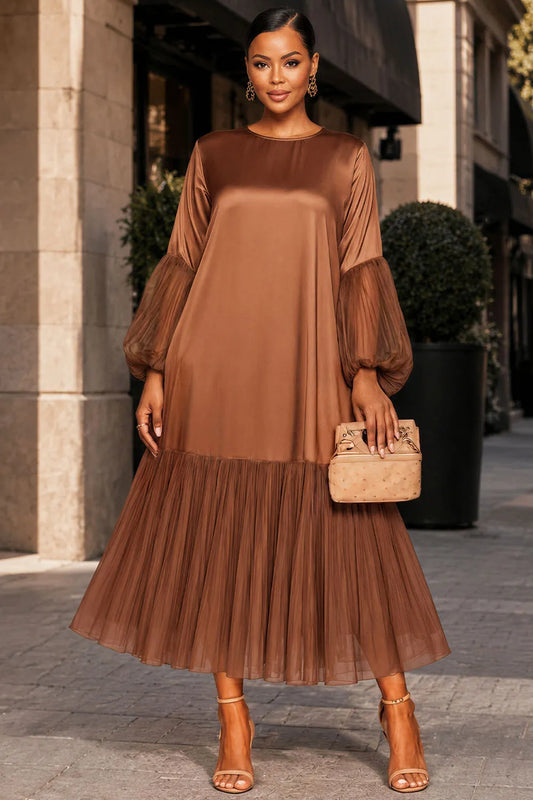 Business Casual Chiffon Brown Round Neck Lantern Sleeve Long Sleeve Pleated Contrast Satin Maxi Dresses [Pre-Order]