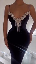 Stunning Black Spaghetti Strap Crystal Mermaid Maxi Dress