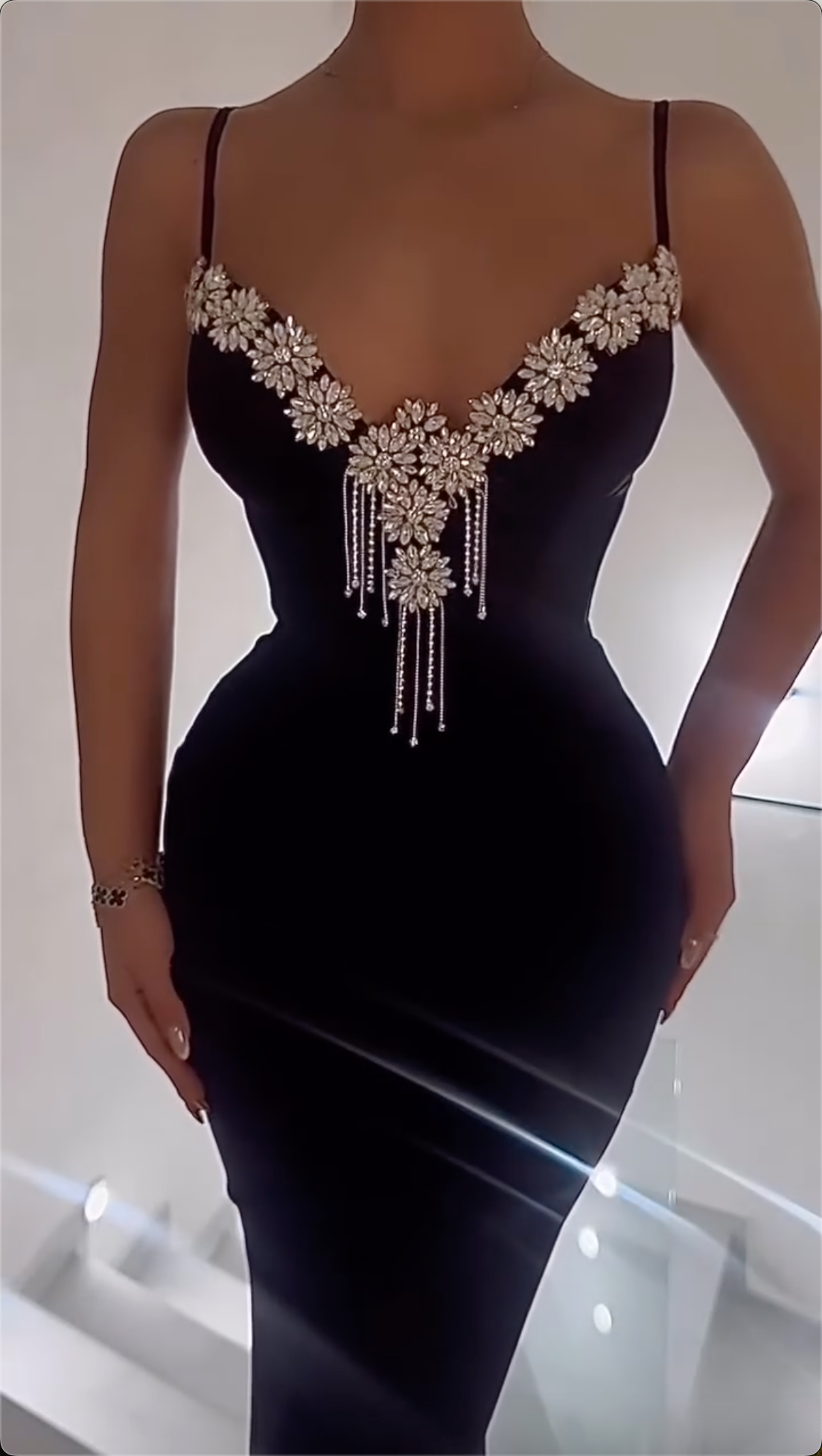 Stunning Black Spaghetti Strap Crystal Mermaid Maxi Dress