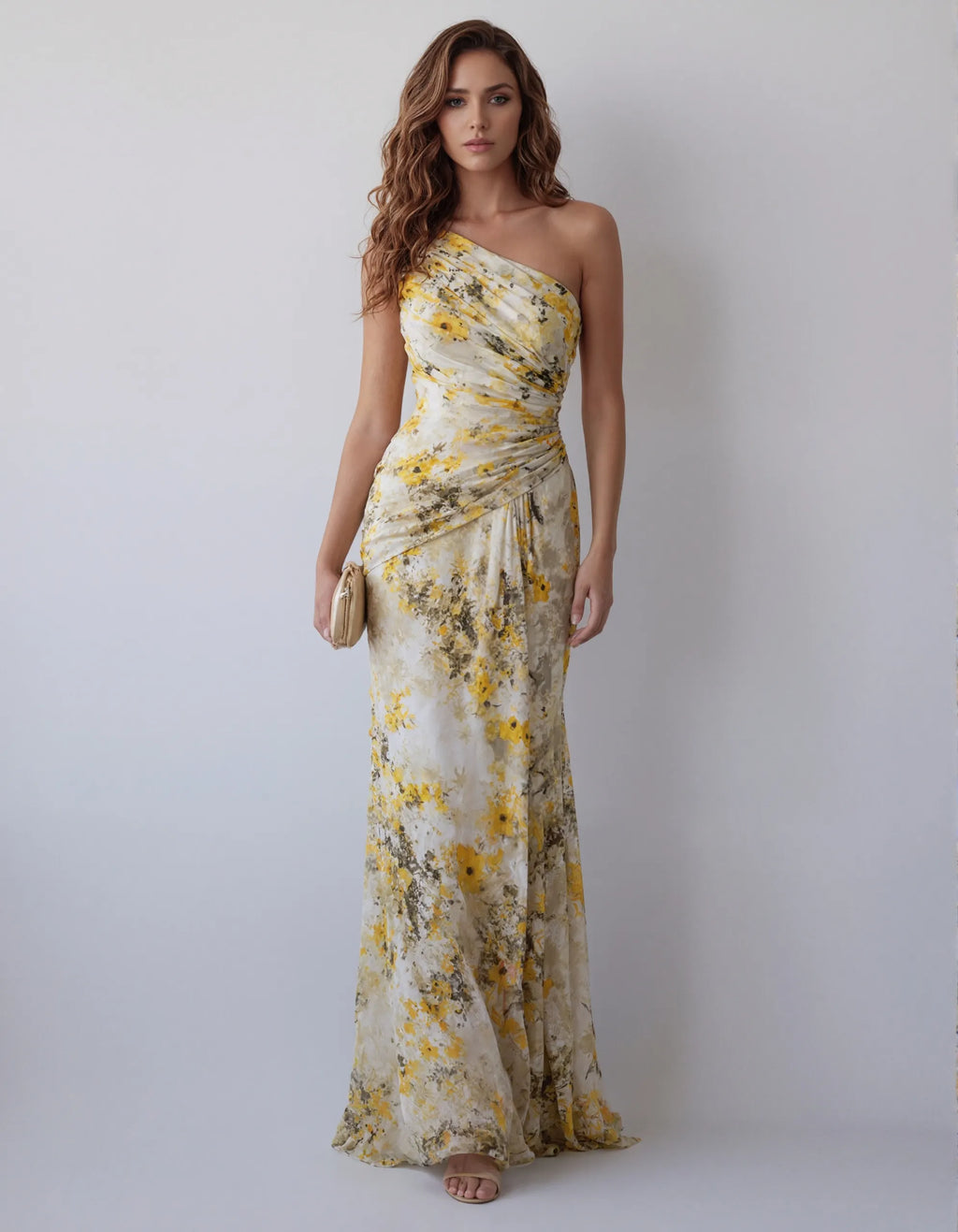 Yellow Watercolor Floral One Shoulder Chiffon Fishtail Maxi Dress