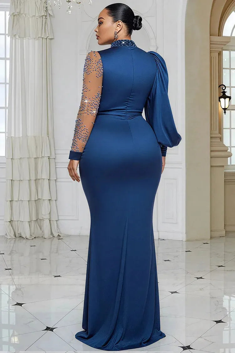 Blue Mock Neck Lantern Sleeve Long Sleeve Drilling Elegant See Through Tulle Satin Maxi Dresses