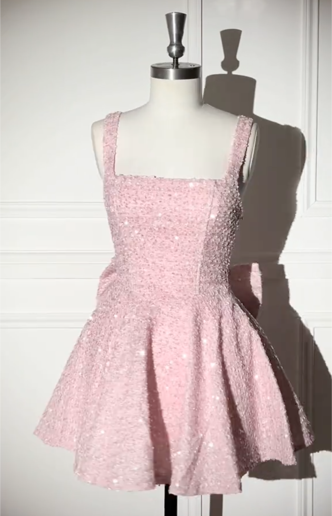 Pink Sequin Bouclé Mini Dress with Oversized Bow Back & Square Neck