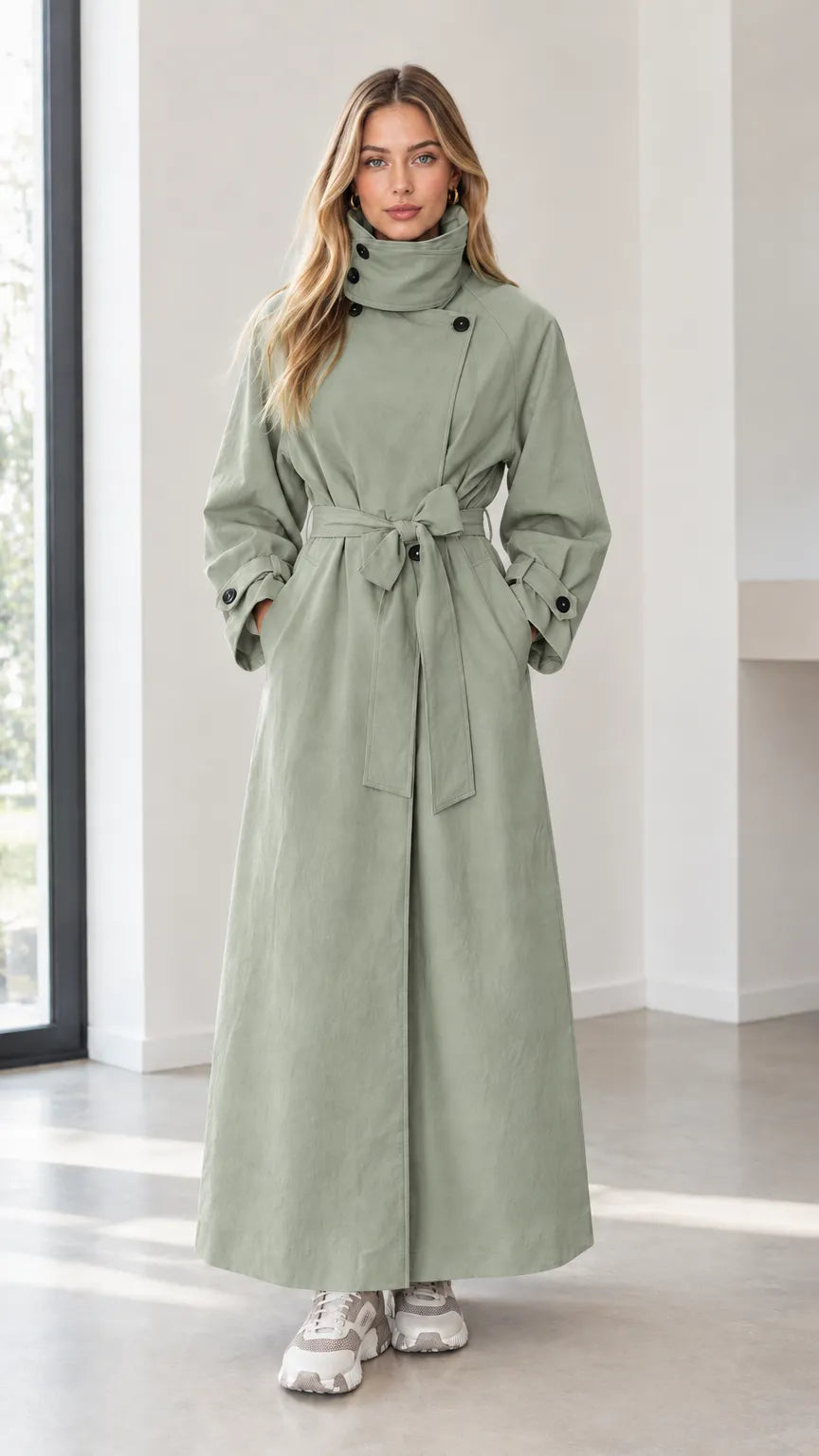 Women's High Neck Belted Maxi Trench Coat with Storm Flap