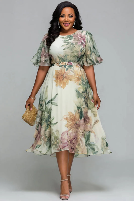 Cocktail Party Sage Green Floral Round Neck Short Sleeve Chiffon Midi Dresses
