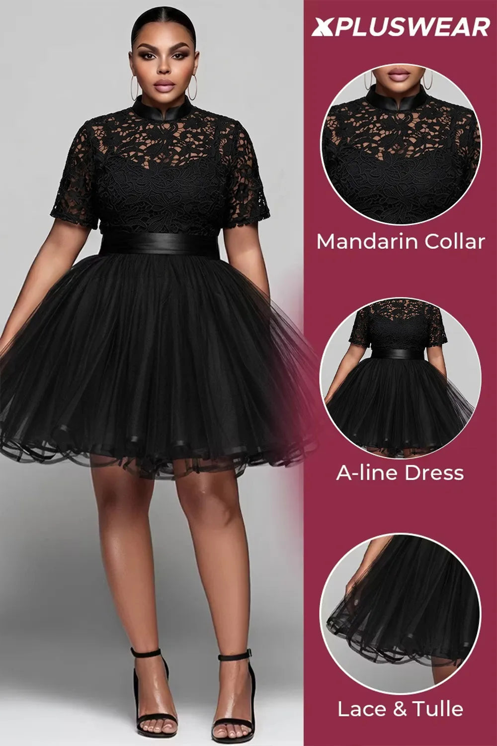 Party Tulle Black Mandarin Collar Short Sleeve See Through Contrast Lace Mini Dresses