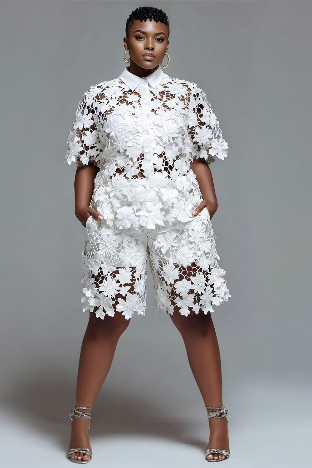 Daily Casual White Shirt Collar Short Sleeve Pocket Contrast Lace Two Piece Short Sets
