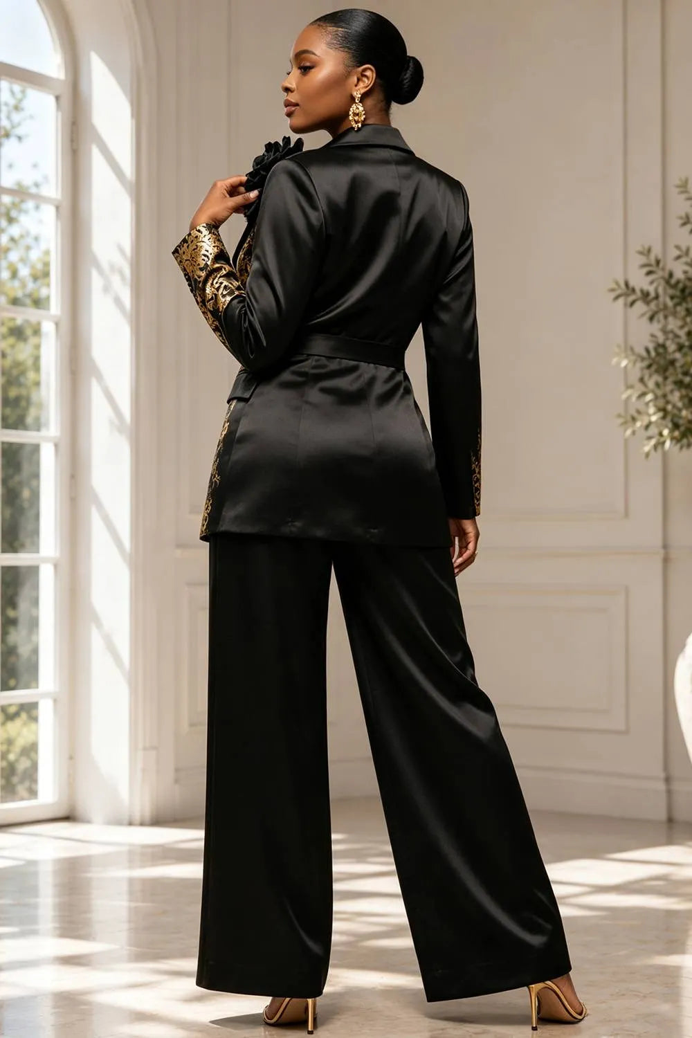 Gold Foil Print Lapel Collar Long Sleeve Pocket Satin Two Piece Pant Suits [Pre-Order]