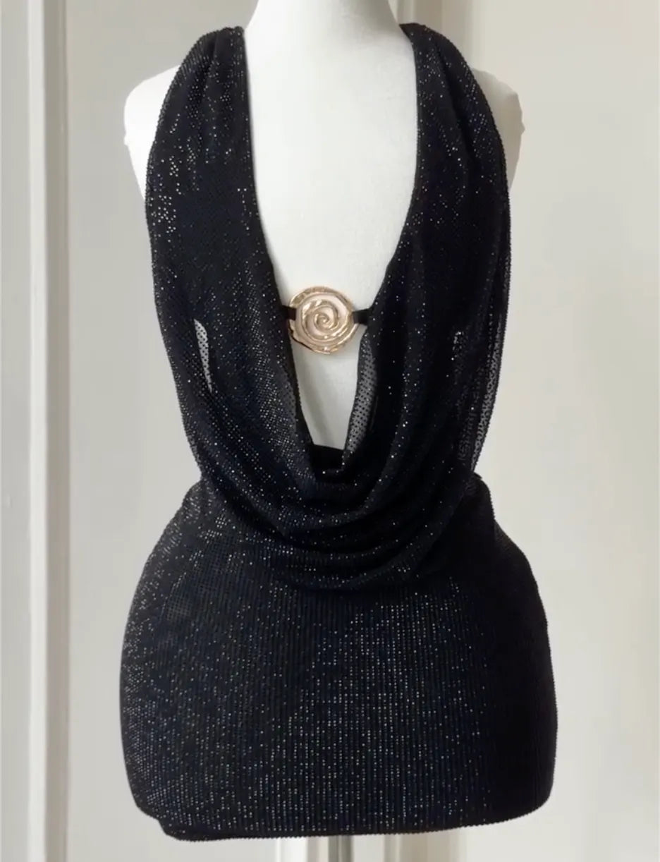 Halter Cowl Neck Rhinestone Mesh Mini Bodycon Dress, Gold & Black Rose Buckle Crisscross Back Party Evening Gown