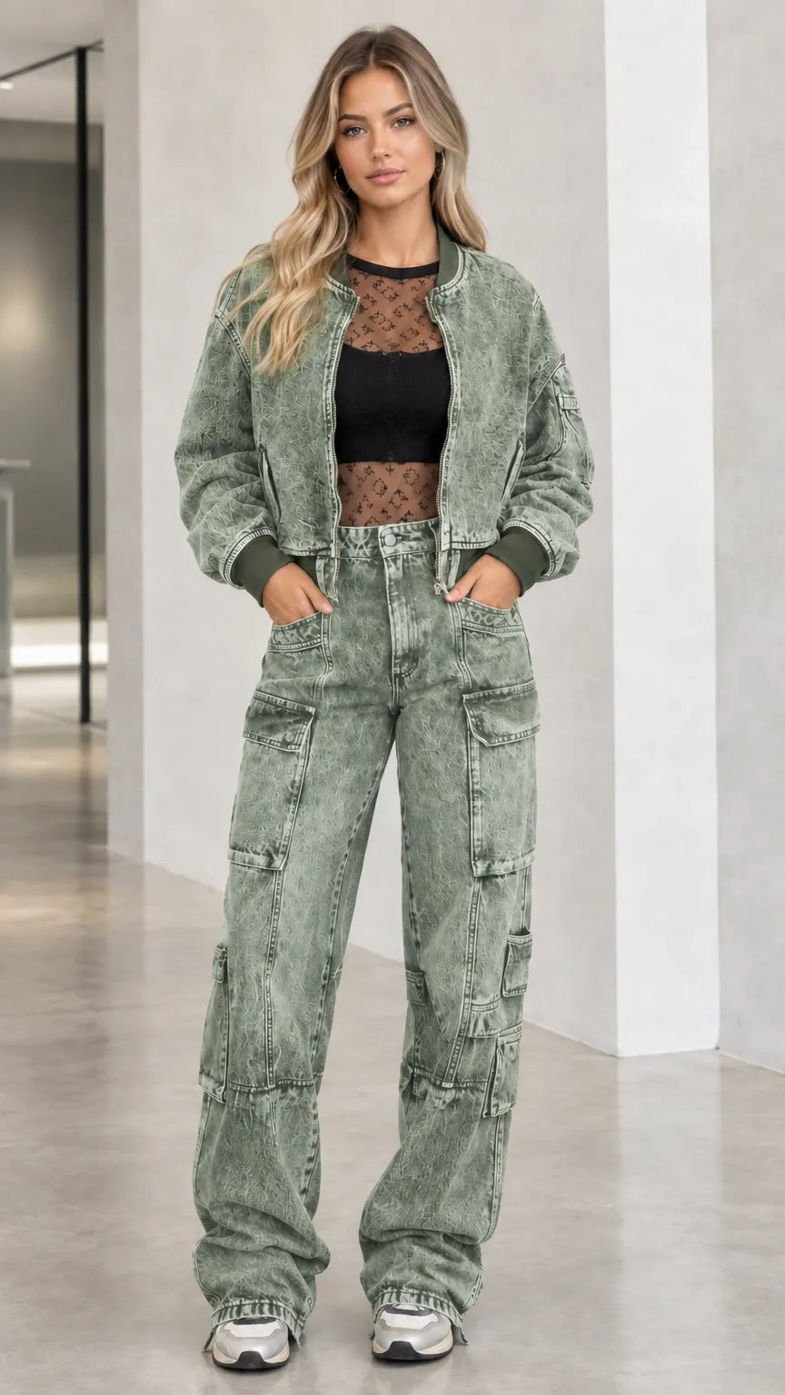 Washed Denim Bomber Jacket and Wide Leg Cargo Pants Two-Piece Set