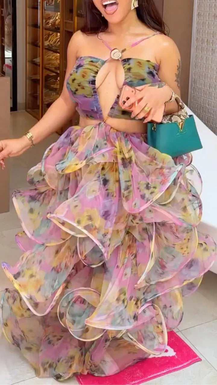 Floral Halter Cutout Ruffle Chiffon Maxi Dress