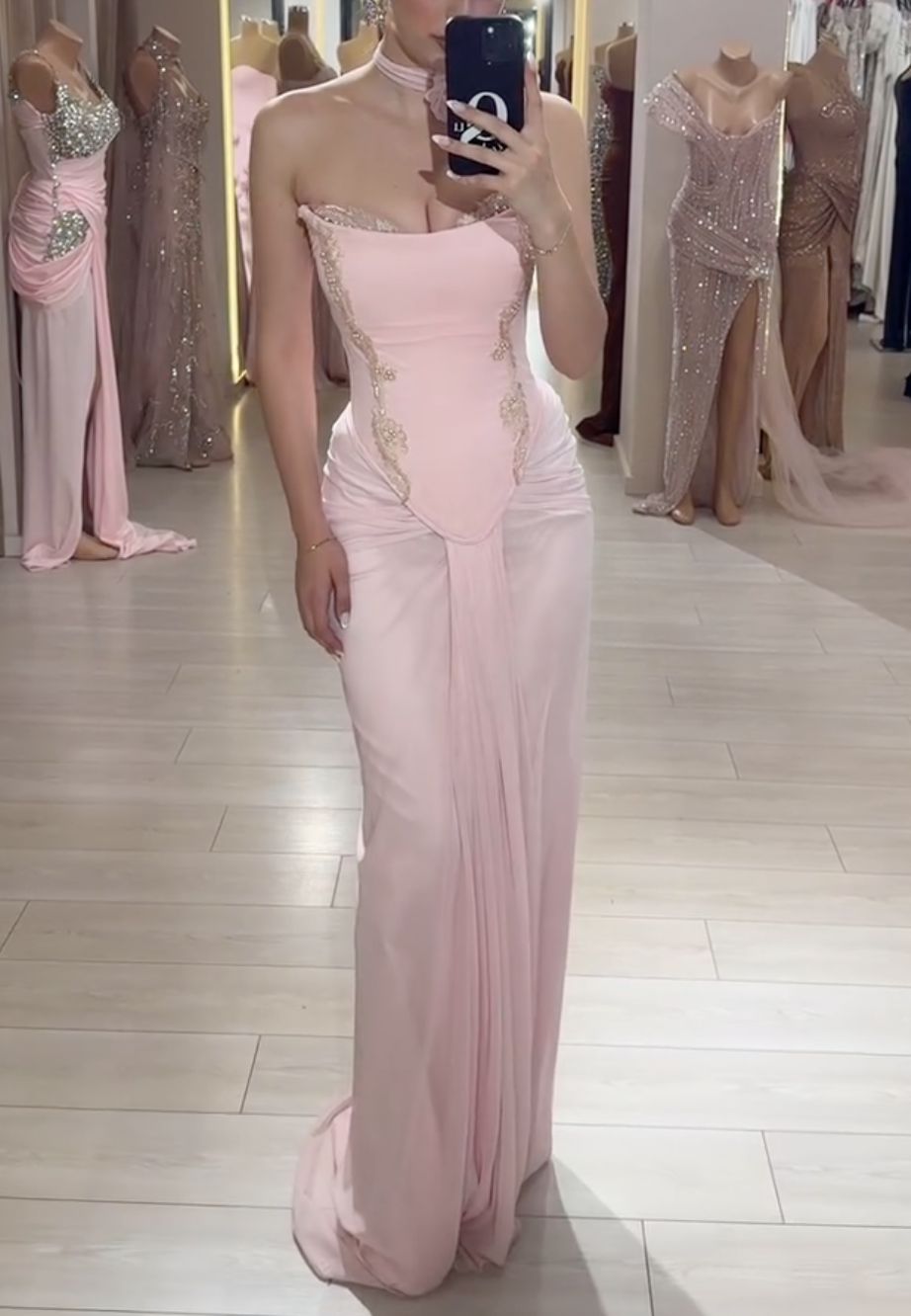 Blush Pink Strapless Maxi Dress with Beaded Lace Trim & Choker Neck Detail
