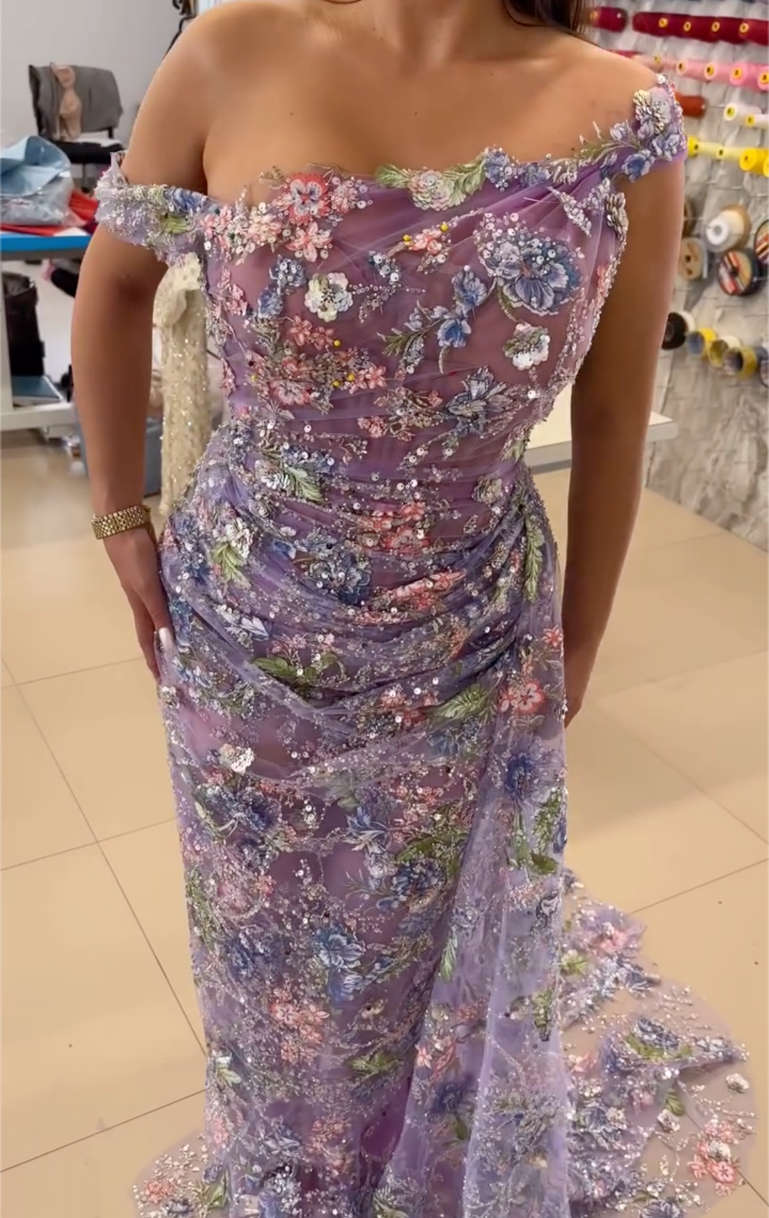 Fairycore Lilac Mermaid Maxi Dress with 3D Floral Appqué & Sequins