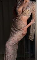 Haute Couture Nude Beaded Sheer Mesh Twist Cutout Maxi Dress