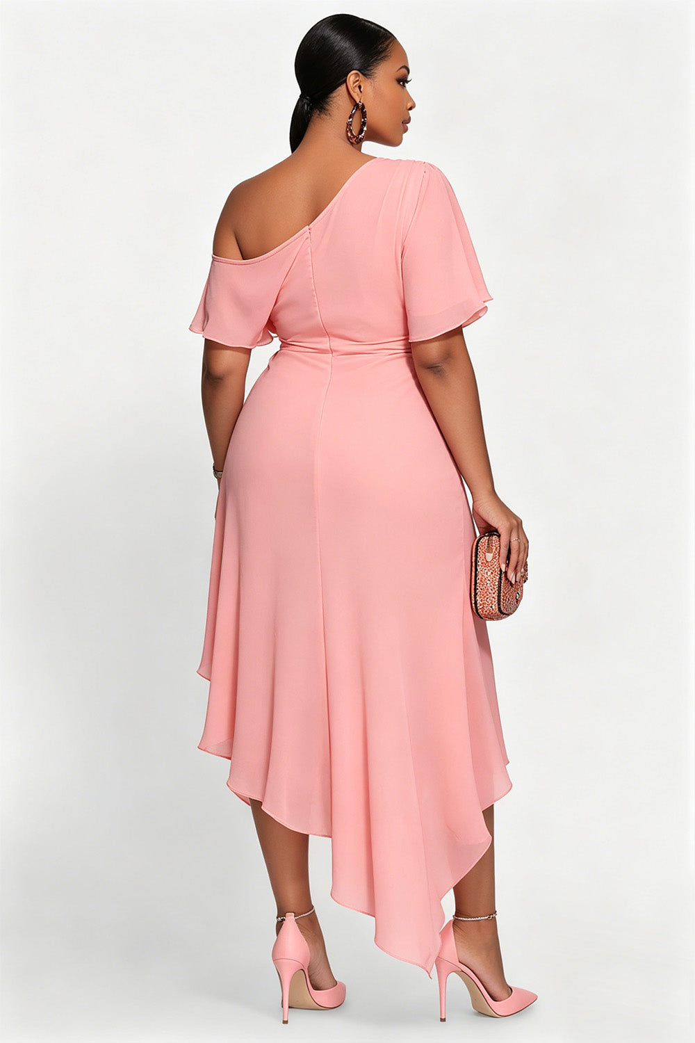 Cocktail Party Elegant Pink Oblique Collar Short Sleeve Ruffle Wrap Chiffon Midi Dresses